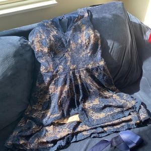 Le Chateau dress, with blue flowers lacy and a cream underlay.